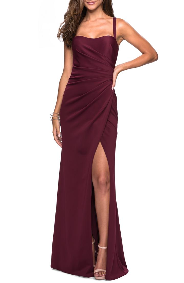Women's La Femme Ruched Soft Jersey Evening Dress - Burgundy