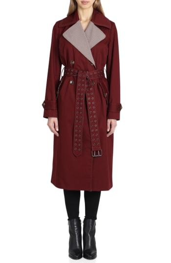 Women's Badgley Mischka Plaid Lapels Trench Coat - Burgundy