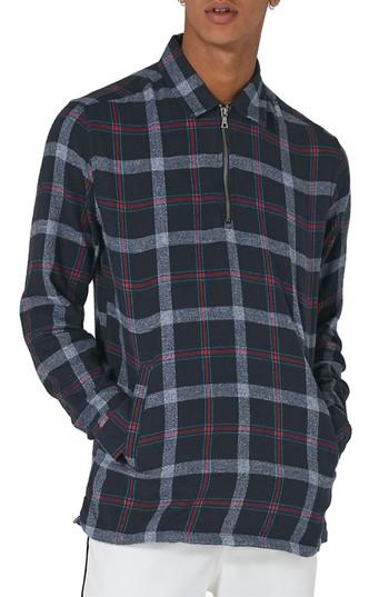 Men's Topman Half Zip Check Shirt - Blue