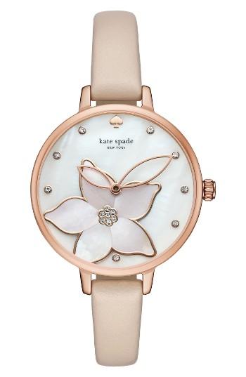 Women's Kate Spade New York Flower Leather Strap Watch, 34mm