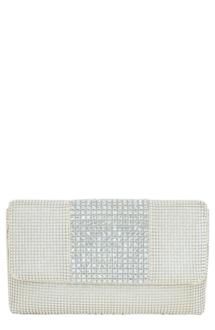 Whiting & Davis Rhinestone Stripe Metallic Mesh Flap Clutch - Ivory