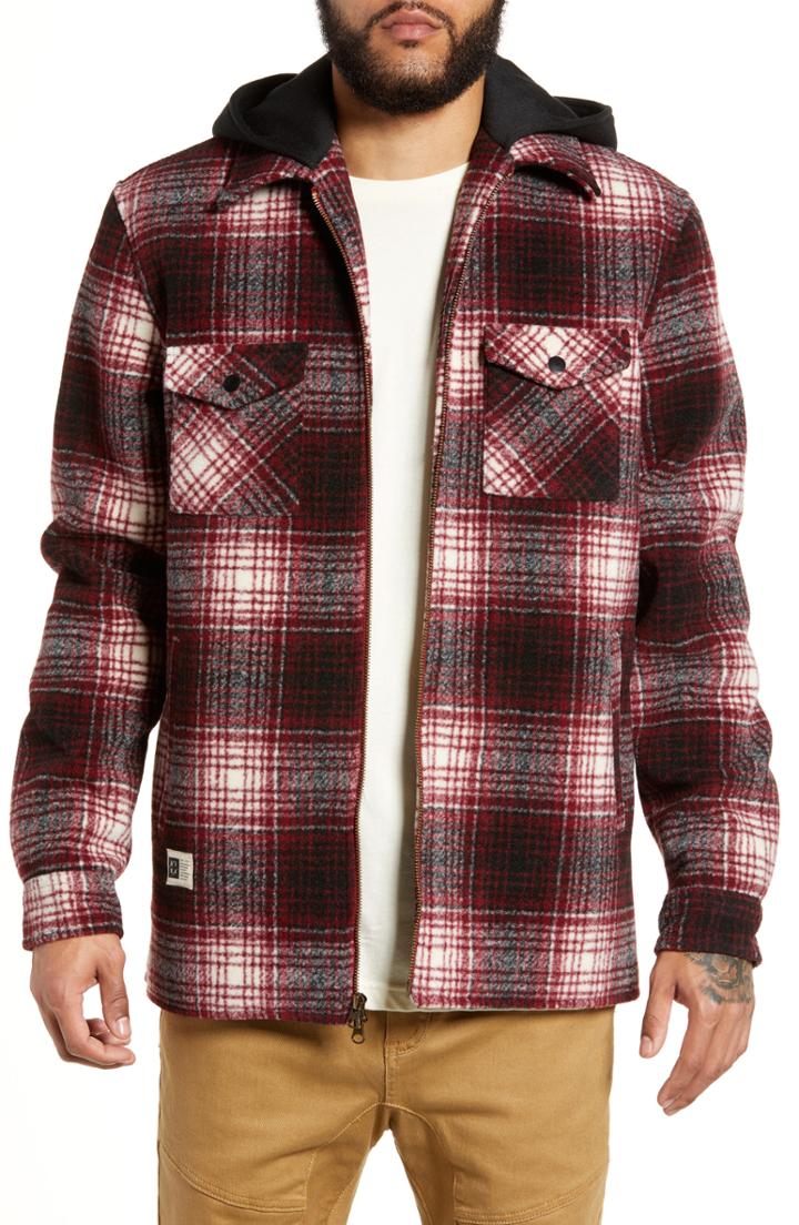 Men's Lira Clothing Smoochie Mix Media Plaid Coat - Burgundy