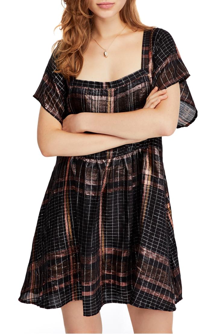 Women's Free People Barcelona Shimmer Plaid Minidress - Black