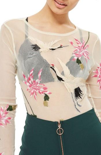 Women's Topshop Bird Embroidered Tulle Bodysuit Us (fits Like 0) - Ivory