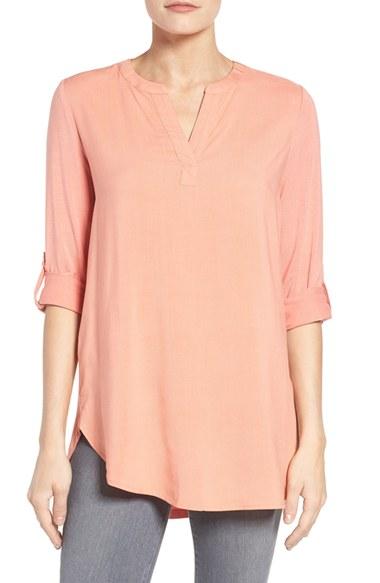 Women's Pleione Split Neck Roll Sleeve Tunic - Coral