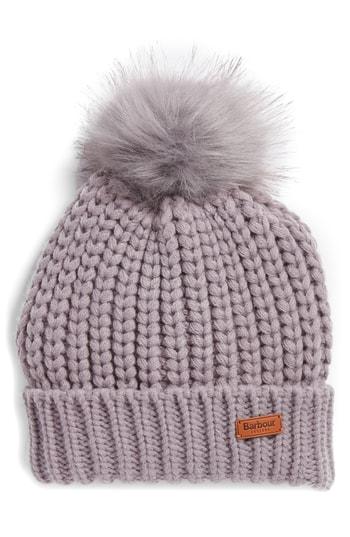 Women's Barbour Saltburn Beanie With Faux Fur Pom - Purple