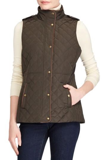 Women's Lauren Ralph Lauren Faux Leather Trim Quilted Vest - Green