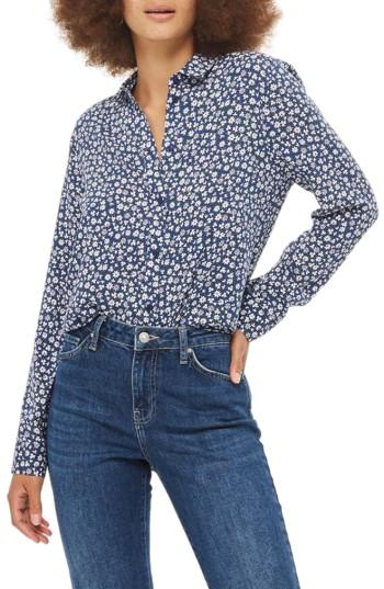 Women's Topshop Ditsy Daisy Print Shirt Us (fits Like 0-2) - Blue