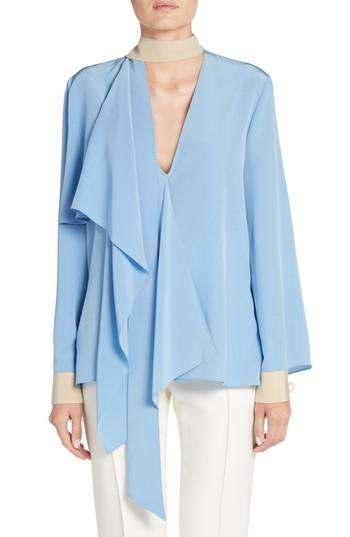 Women's Fendi Drape Silk Crepe De Chine Blouse Us / 38 It - Blue