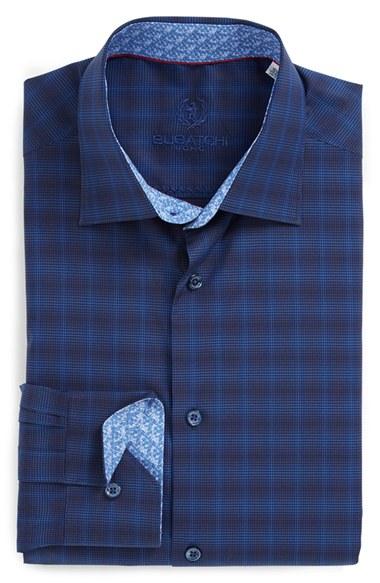 Men's Bugatchi Trim Fit Plaid Dress Shirt .5 - Blue