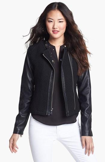 Bebe Collarless Wool Blend & Faux Leather Jacket