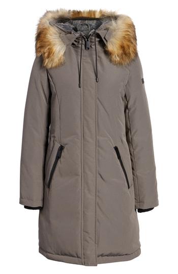 Women's Sam Edelman Faux Fur Trim Down Jacket, Size - Grey