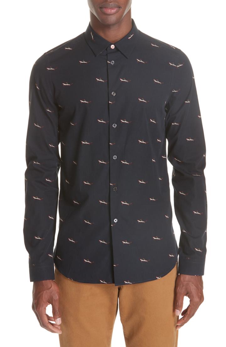 Men's Ps Paul Smith Shark Print Sport Shirt - Blue