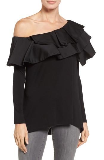 Women's Vince Camuto One-shoulder Ruffle Mix Top - Black
