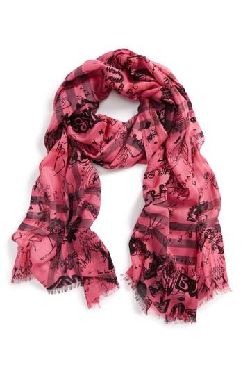 Women's Burberry Doodle Print Check Wool & Silk Scarf, Size - Pink
