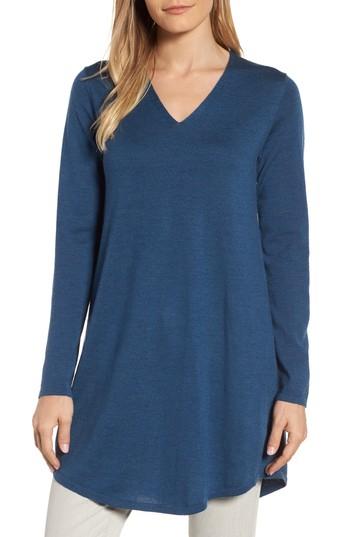 Petite Women's Eileen Fisher Lightweight Merino Jersey V-neck Tunic, Size P - Blue