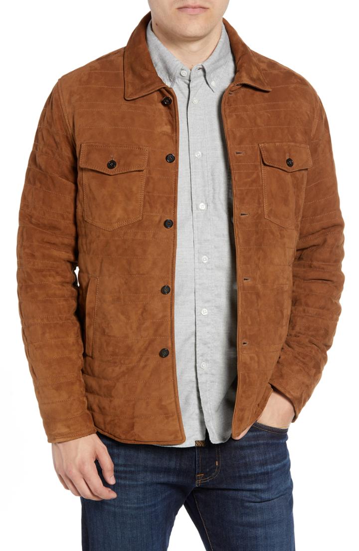 Men's Billy Reid Regular Fit Quilted Suede Shirt Jacket, Size - Brown
