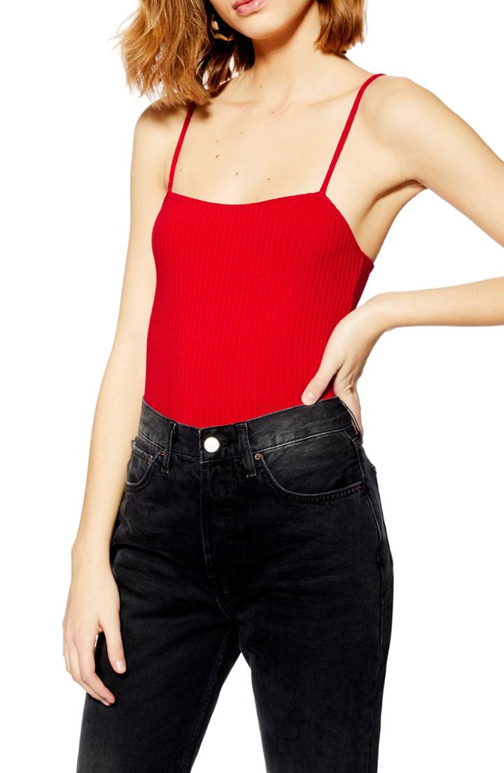 Women's Topshop Ribbed Square Neck Bodysuit Us (fits Like 0) - Red