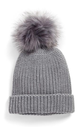 Women's Treasure + Bond Chunky Stitch Beanie With Faux Fur Pom - Grey