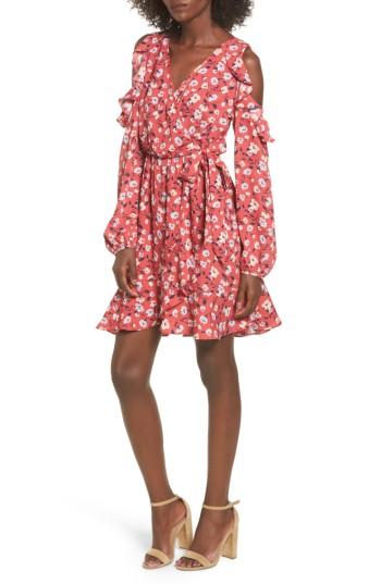 Women's Soprano Cold Shoulder Faux Wrap Dress - Red