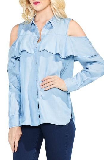Women's Two By Vince Camuto Cold Shoulder Ruffled Chambray Shirt - Blue