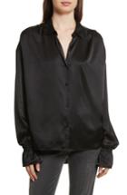 Women's Frame Flare Cuff Solid Silk Shirt - Black