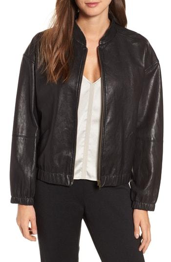 Women's Eileen Fisher Leather Bomber Jacket, Size - Black