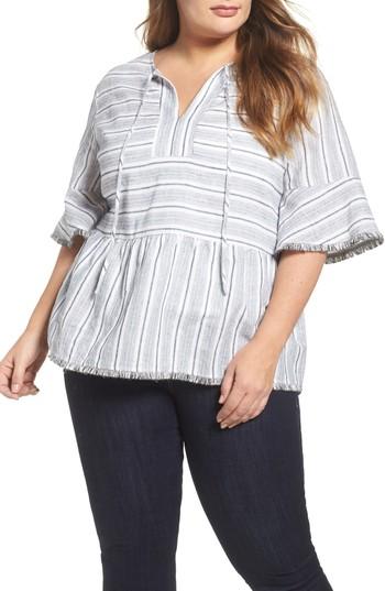 Women's Caslon Stripe Fray Edge Linen Blend Top