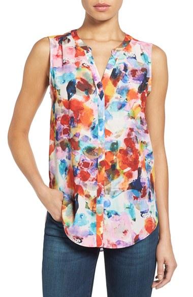 Women's Nydj Print Pleat Back Sleeveless Split Neck Blouse - Pink