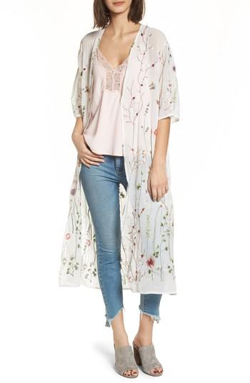 Women's Woven Heart Embroidered Kimono - Ivory
