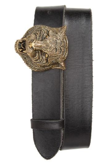 Men's Gucci Tiger Head Leather Belt Eu - Black