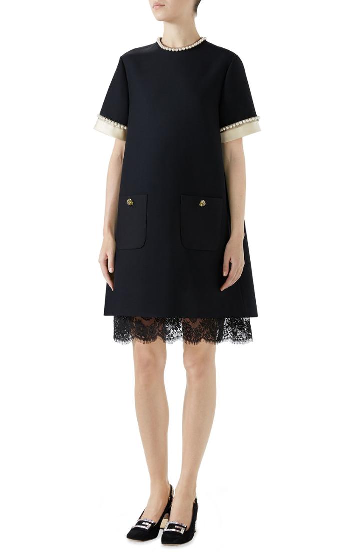 Women's Gucci Imitation Pearl Trim Crepe Cady Dress Us / 48 It - Black