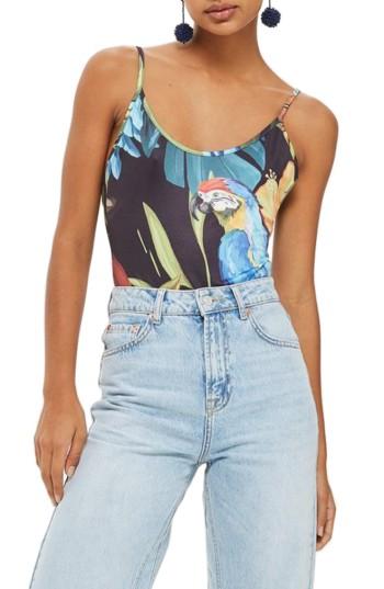 Women's Topshop Parrot Print Tie Back Bodysuit Us (fits Like 0) - Black