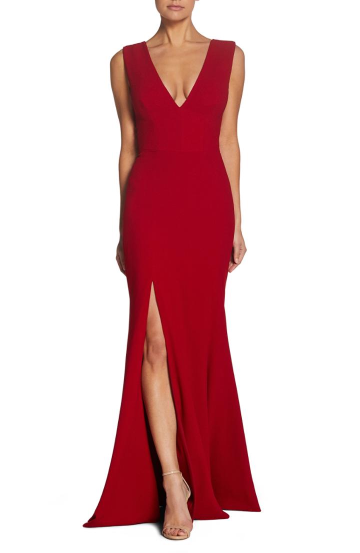 Women's Dress The Population Sandra Plunge Crepe Trumpet Gown, Size - Red