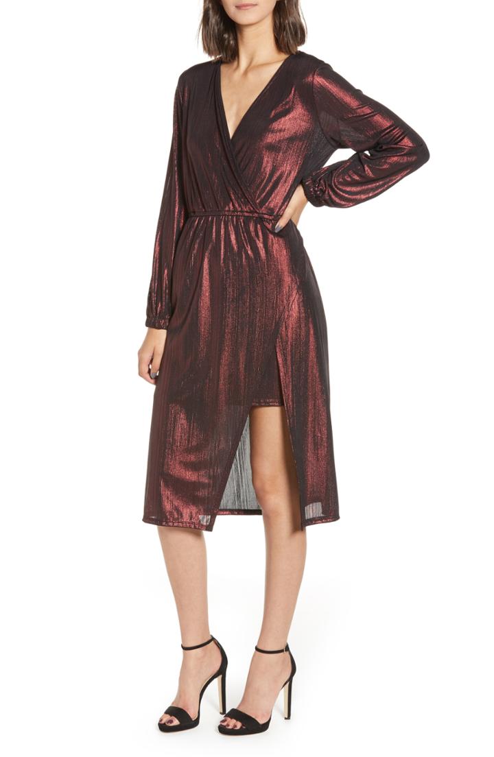 Women's Leith Long Sleeve Deep V-neck Midi Dress, Size - Metallic