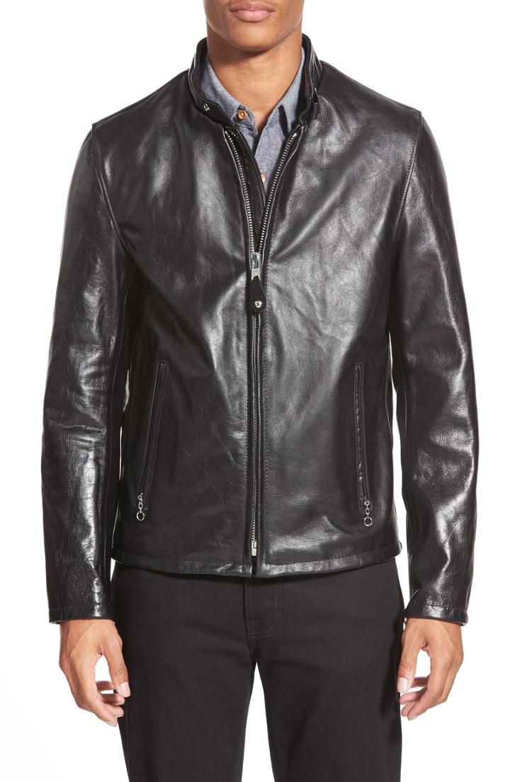 Men's Schott Nyc Cafe Racer Waxy Cowhide Leather Jacket, Size - Black