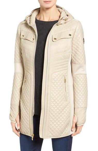 Women's Michael Michael Kors Mixed Media Hooded Zip Front Coat - Beige