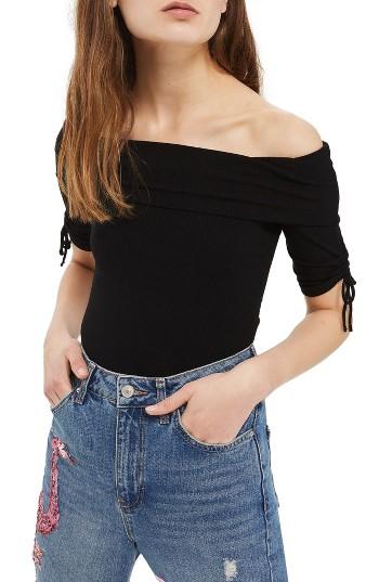 Women's Topshop Bardot Tie Detail Bodysuit Us (fits Like 0) - Black