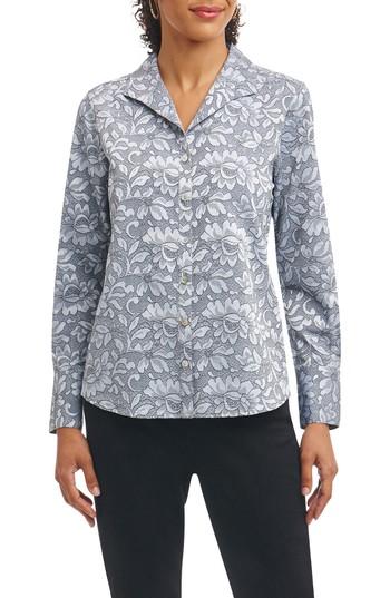 Women's Foxcroft Rhonda Wrinkle Free Lace Jacquard Shirt - Grey