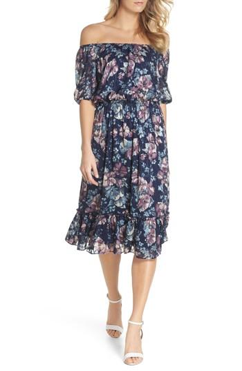Women's Adrianna Papell Floral Burnout Off The Shoulder Blouson Dress - Blue