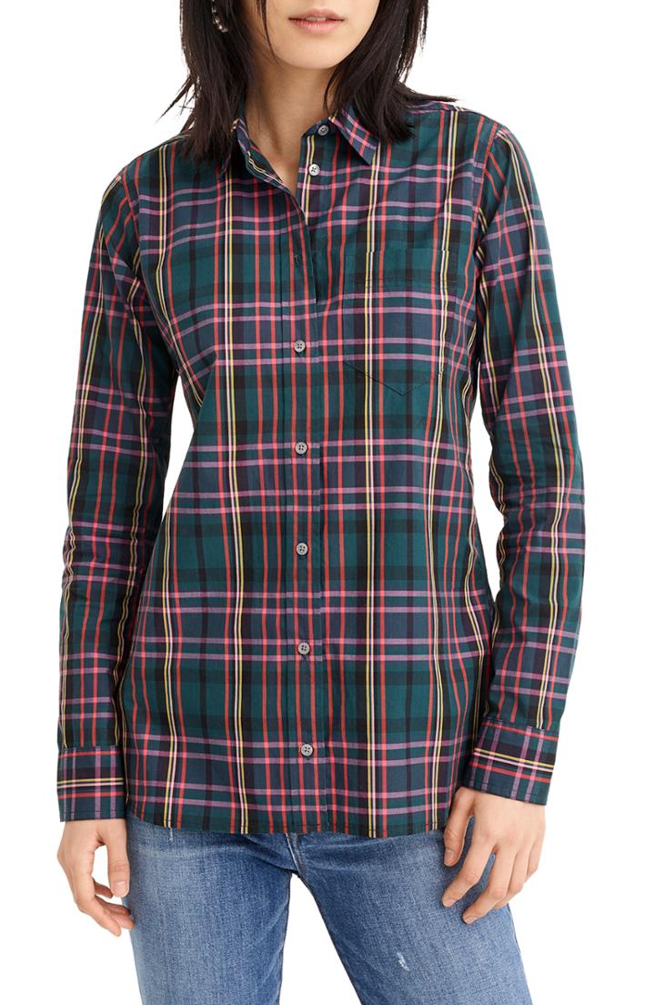 Women's J.crew Signature Tartan Perfect Slim Stretch Shirt - Green