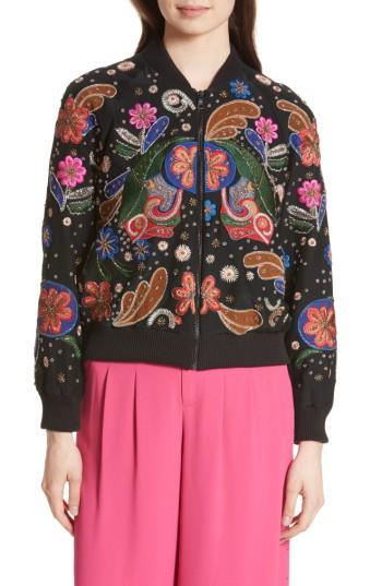 Women's Alice + Olivia Felisa Embellished Silk Bomber Jacket