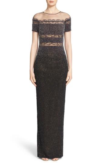 Women's Pamella Roland Illusion & Sequin Column Gown - Metallic