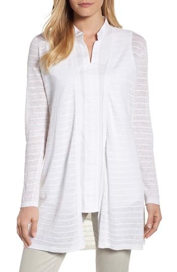 Women's Eileen Fisher Long Organic Linen Blend Jacquard Cardigan, Size - White