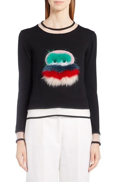 Women's Fendi Bug Sweater With Leather & Genuine Fox Fur Trim