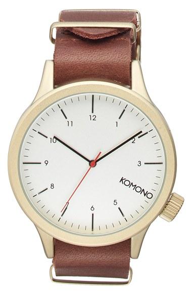 Men's Komono 'magnus' Round Leather Strap Watch, 46mm