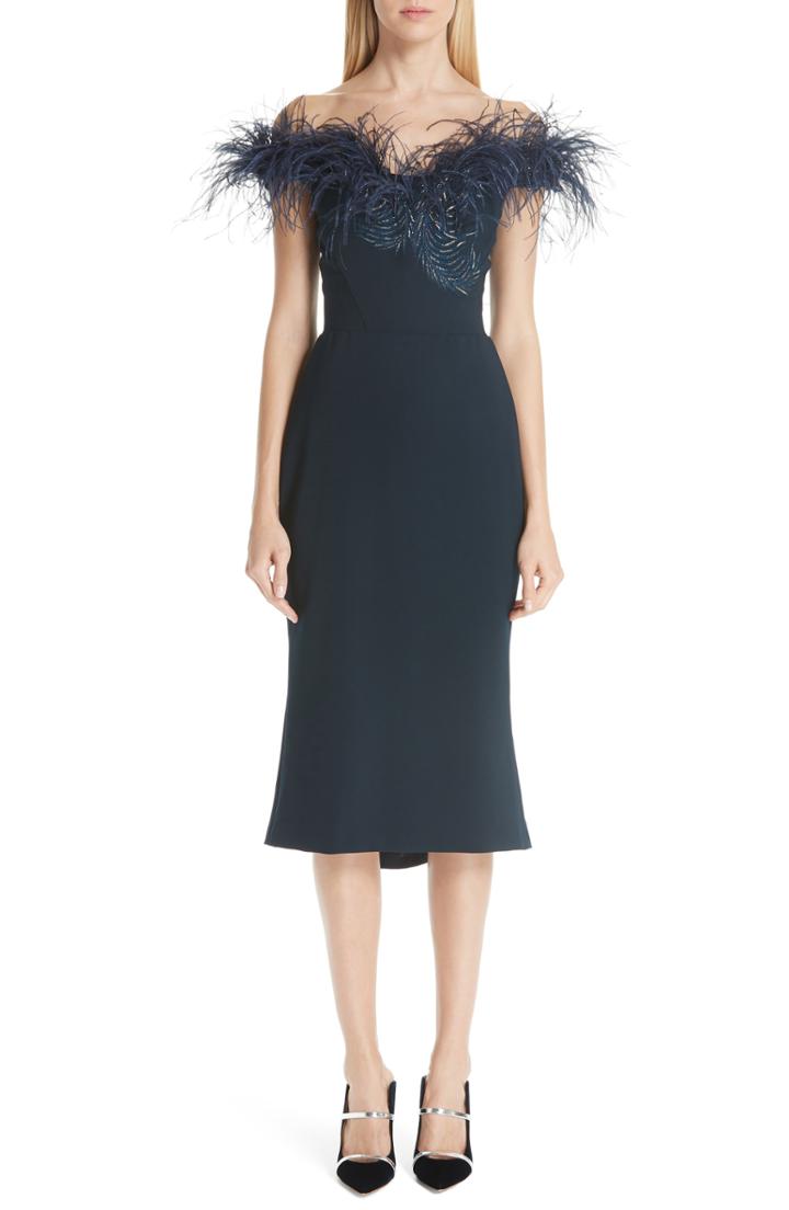 Women's Marchesa Off The Shoulder Feather Cocktail Dress - Blue