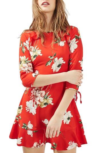 Women's Topshop Ruffle Floral Tea Dress Us (fits Like 0) - Red