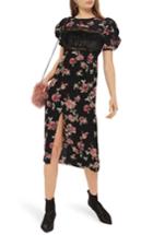 Women's Topshop Sequined Floral Puff Sleeve Midi Dress Us (fits Like 0) - Black