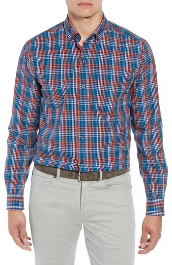 Men's Cutter & Buck Sutton Regular Fit Non-iron Check Sport Shirt, Size - Blue